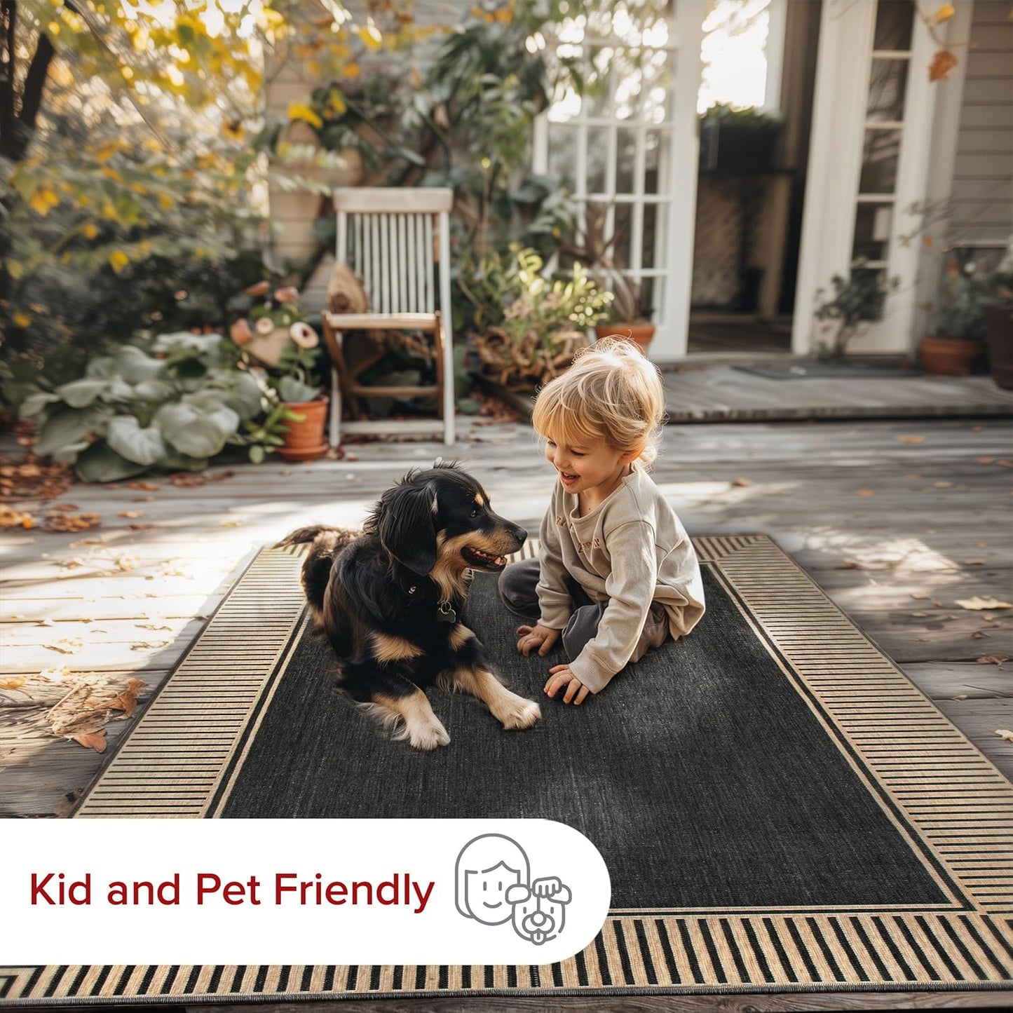 nuLOOM 2' x 3' Outdoor Area Rug, Casual Design With Striped Border, Stain Resistant, Highly Durable, For Patio, Balcony, Bedroom, Living Room, Dining Room, Bathroom, Dark Grey