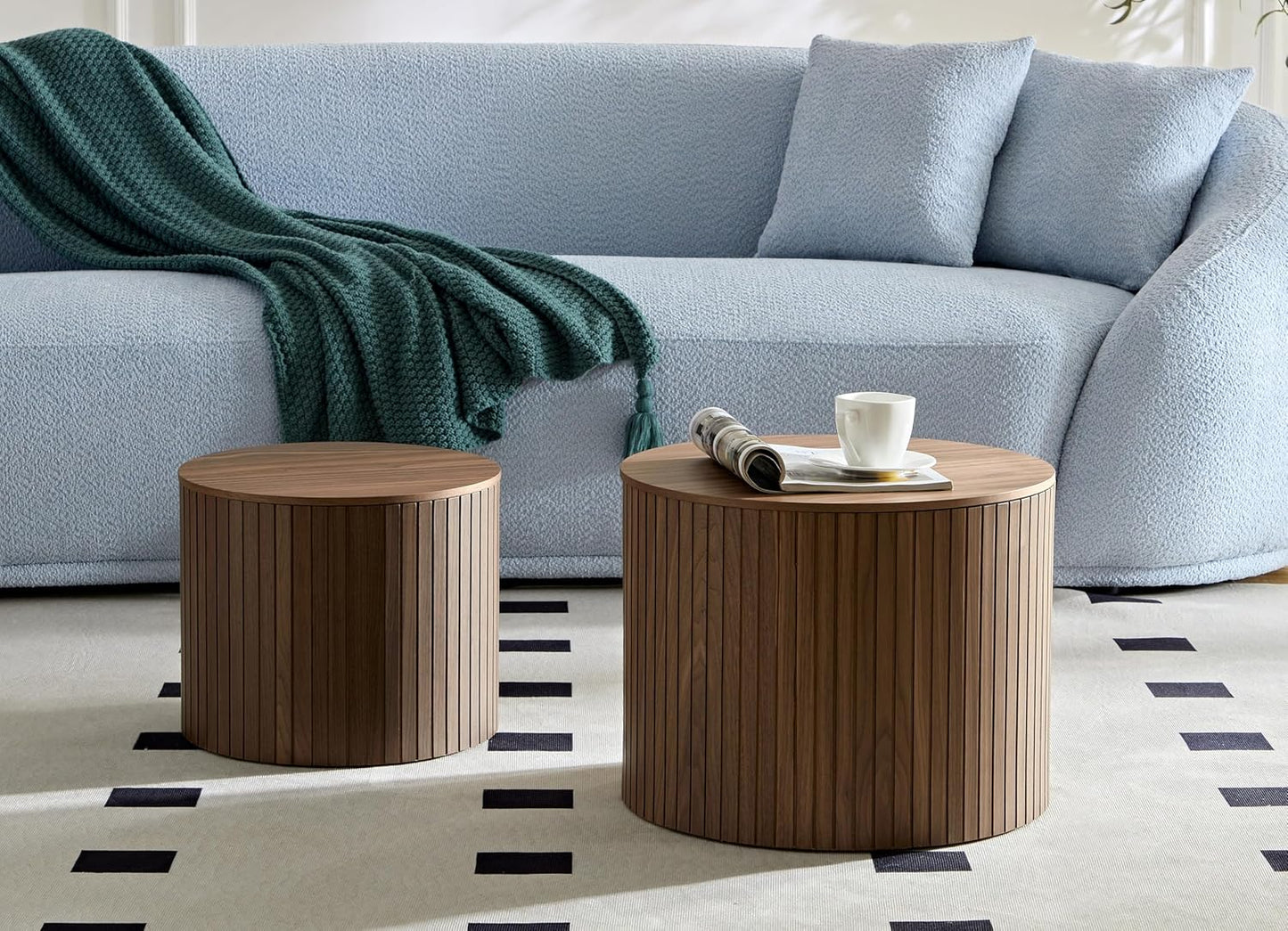 Round Coffee Table with Storage,19.17" Nesting Coffee Table Set of 2, Modern Accent End Table Set for Living Room, No Assembling, Side Table for Apartment,Office,Dorm (Walnut)
