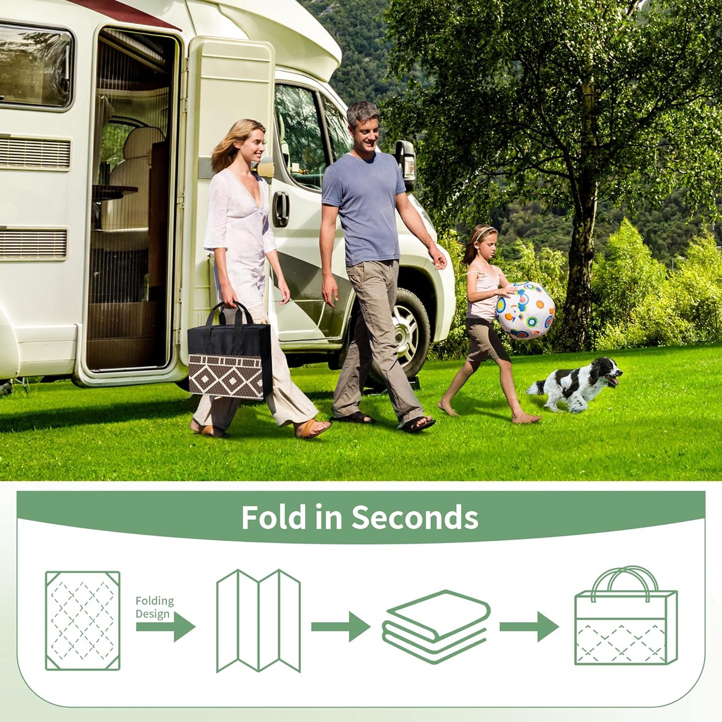 GENIMO Outdoor Rug Waterproof for Patio, 9'x12' Foldable Reversible Plastic Straw Carpet for Travel Trailers, Outside Area Mat for Rv, Deck, Picnic, Porch, Camper, Balcony, Beach, Coffee & Beige