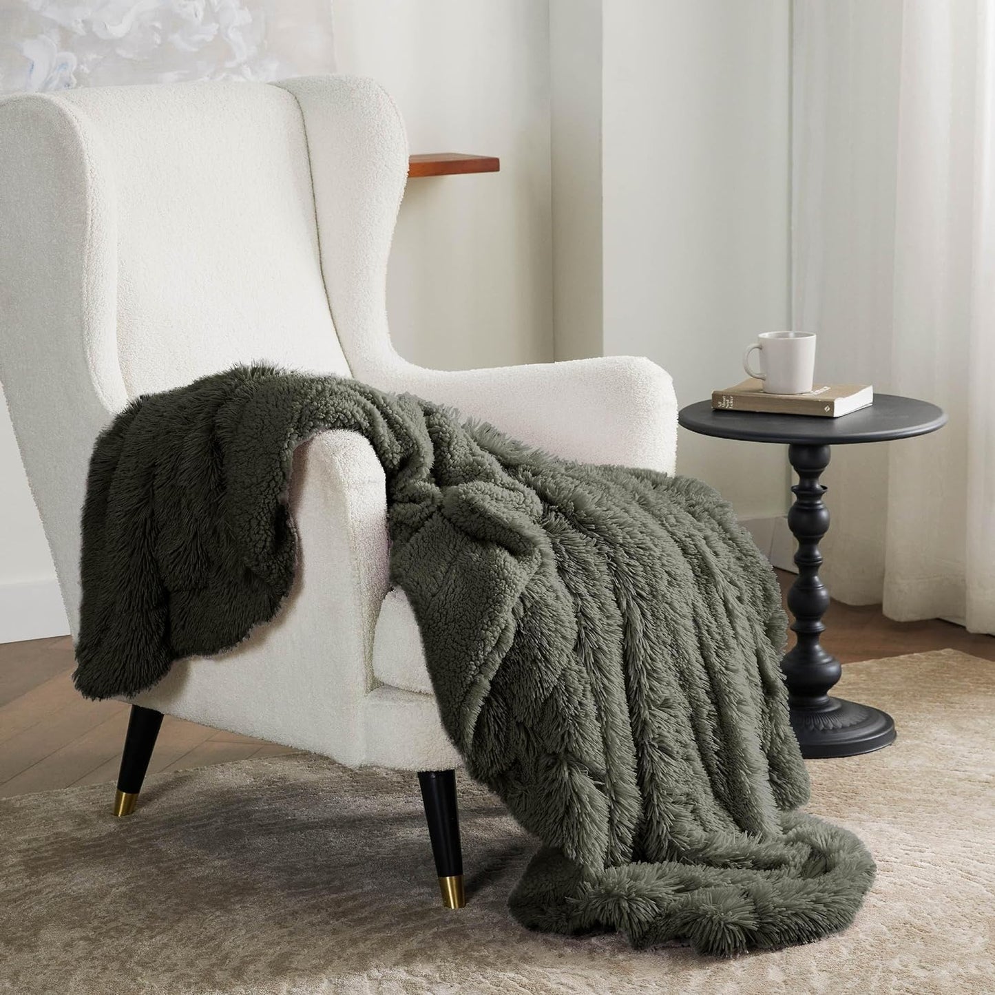 Bedsure GentleSoft Fuzzy Sherpa Faux Fur Twin Blanket Olive Green Cozy Gifts for Women Men, Soft Fleece Plush Warm Minky Thick Blanket Twin Size for Bed, Room Dorm Essentials Olive Decor Gifts, 60x80