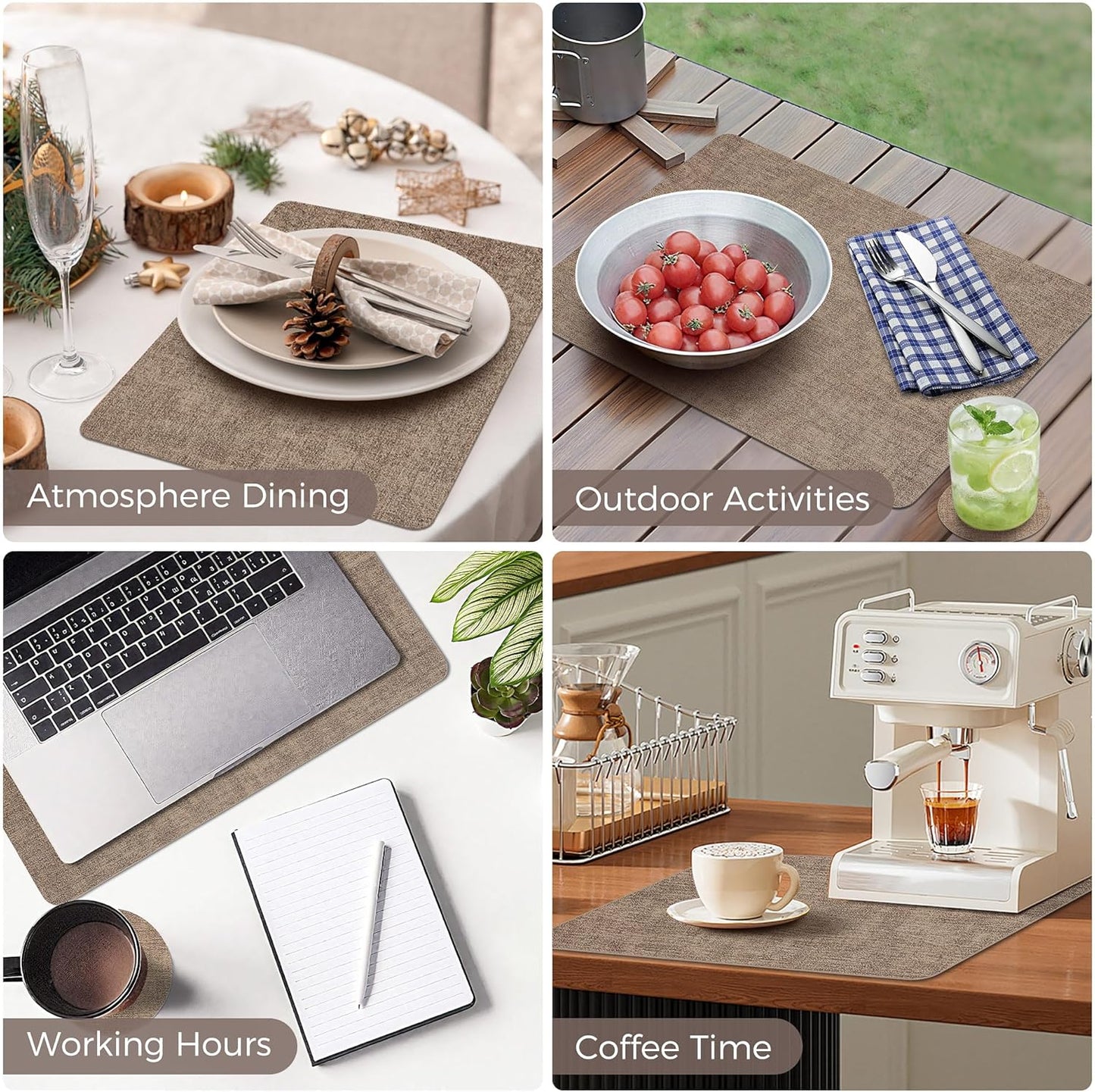 Vinyl Placemats Set of 6, Faux Leather Waterproof and Heat Resistant Place Mats, Washable Anti-Slip Table Mats with Coaster, Wipeable Placemats for Indoor & Outdoor 17" x 12" (Light Coffee, Set of 6)