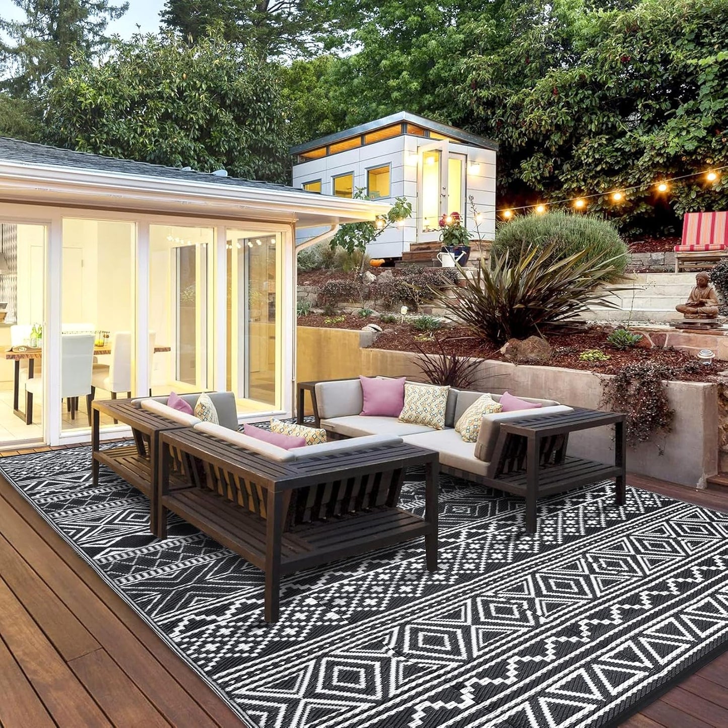 GAOMON Reversible Outdoor Rug 9'x18' Waterproof Plastic Straw Rug, Patio Rug, Large Modern Area Rug Carpet, Indoor Outdoor Rugs for Camping, Porch, Deck, Balcony, Backyard, Black/White(Bohemia)