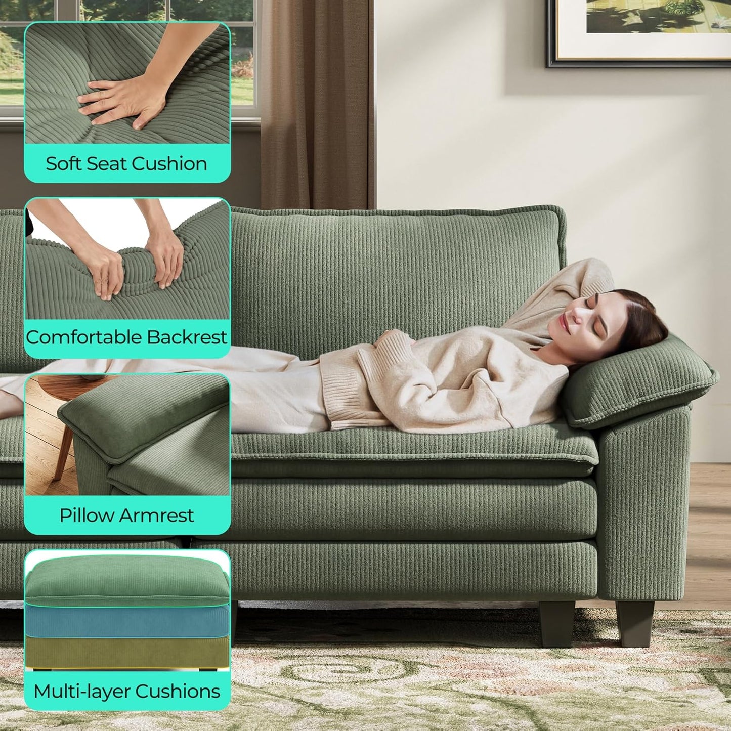 LINSY HOME Sectional Sleeper Sofa - 123'' Modular Cloud Couch Oversized Corduroy Sofa Bed with Movable Ottoman Soft Modern Comfy Couch for Living Room Apartment Office, Green