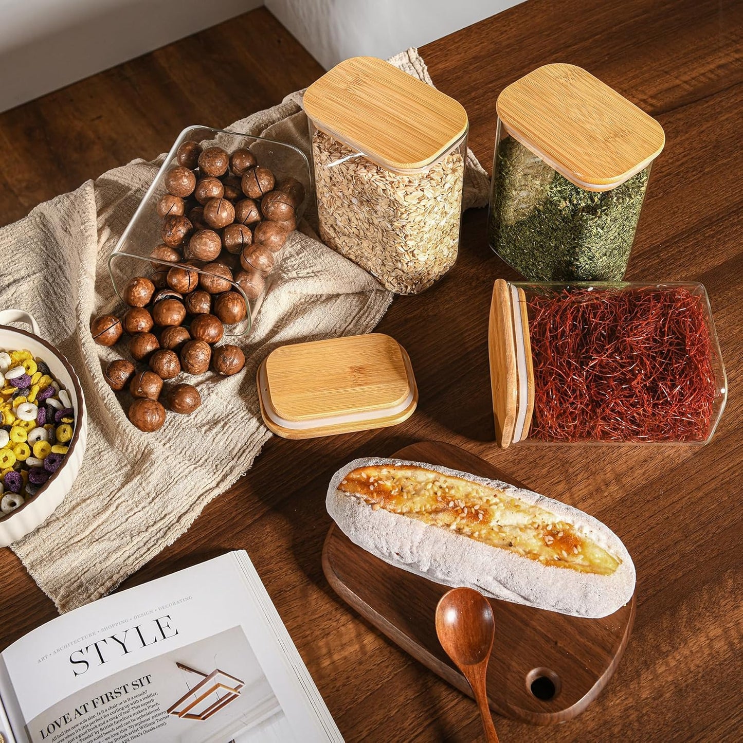 37oz Rectangle Airtight Glass Storage Containers with Bamboo Lids (Set of 4), Square Food Storage Jar, Pantry Organizers for Cereal, Nuts, Snacks and Coffee beans (with Black Lable)