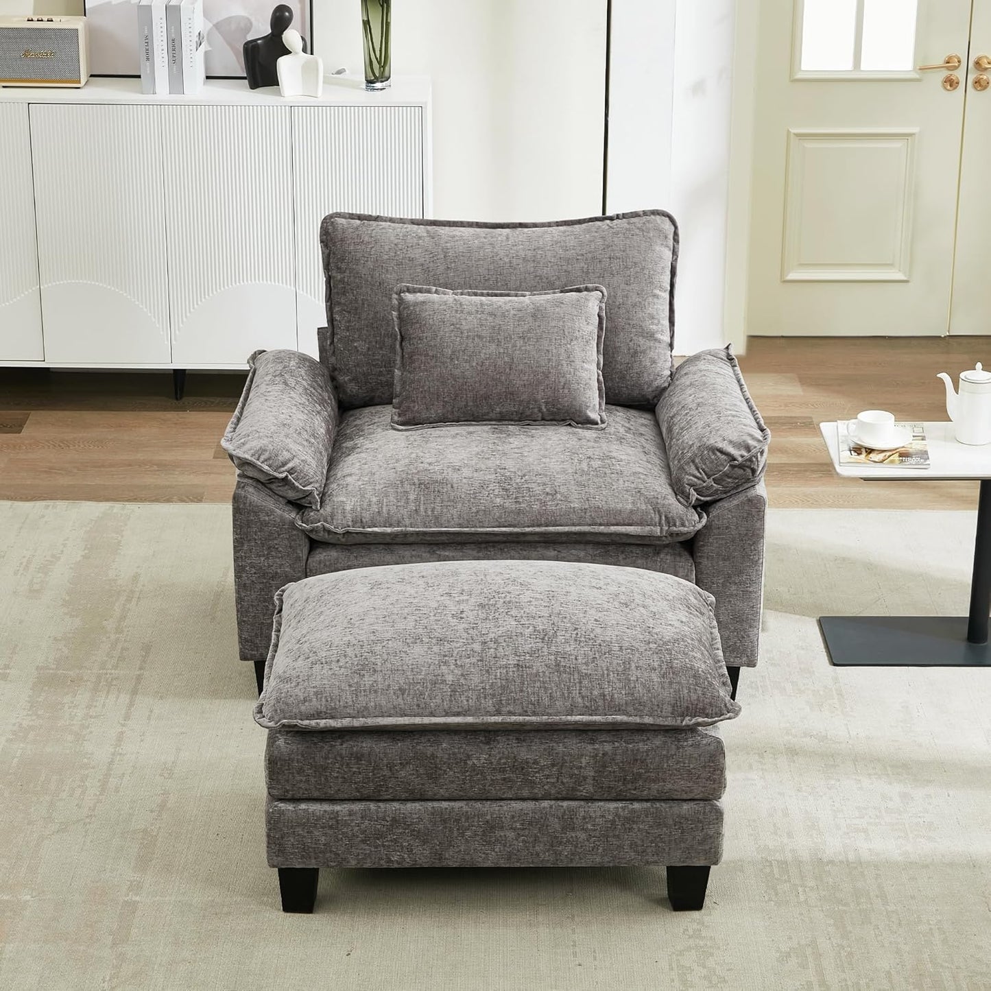 URRED Modular Sectional Sofa Comfy Cloud Couch, Modern Chenille Sofa Sleeper Deep Seat Couches with Ottoman/Pillows for Living Room (Gray, 53''- Ottoman)