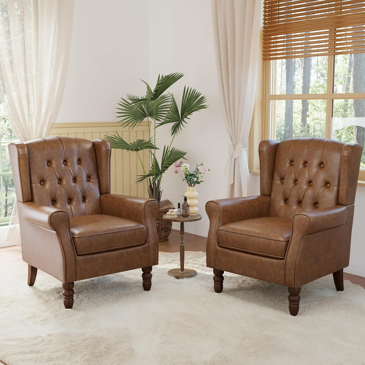 High Back Accent Chairs Set of 2,Upholstered Faux Leather Wingback Armchairs with Solid Wood Legs for Small Spaces,Comfy Single Sofa Chairs for Living Room,Bedroom,Office-Brown
