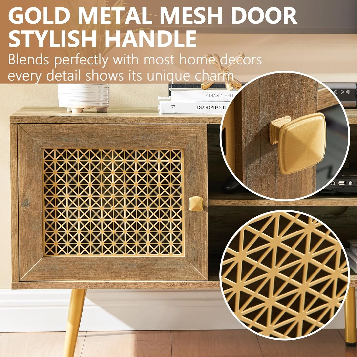 Mid Century Modern TV Stand with Metal Mesh Doors and Open Shelf for Tvs up to 65" Boho Media Console Entertainment Center with Cable Holes for Living Room Rustic Oak 59.06"x15.55"x20.87"