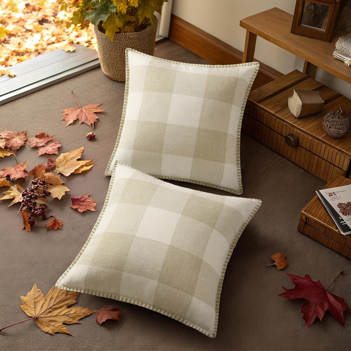 decorUhome Buffalo Plaid Check Fall Throw Pillow Covers 22x22 Set of 2, Outdoor Decorative Farmhouse Pillow Covers with Stitched Edge for Bed Couch Sofa, Cream White and Beige