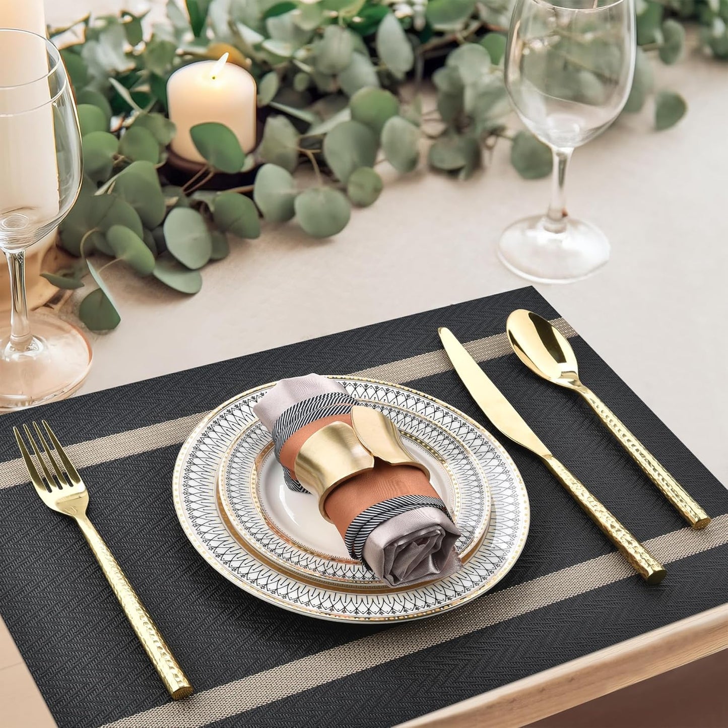 Black Placemats Set of 4 - Easy Clean Modern Durable Washable Vinyl Place Mats - Heat Resistant Placemats for Kitchen Table - PVC Table Mats for Dining Table (Black with Stripes, 4)