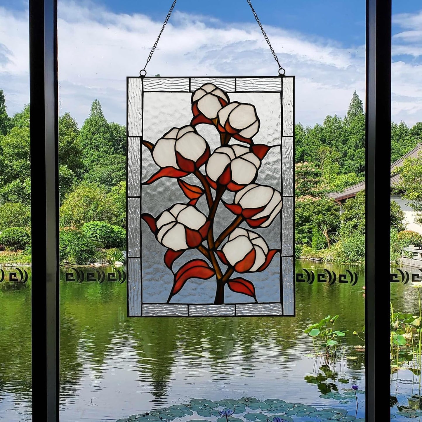 YOURANJU Stained Glass Window Hanging 16" H x 11" W Tiffany Style Rectangular Window Panel Suitable for Living Room Bedroom Kitchen Window Decoration Hangings with Chain (Plum bossom)