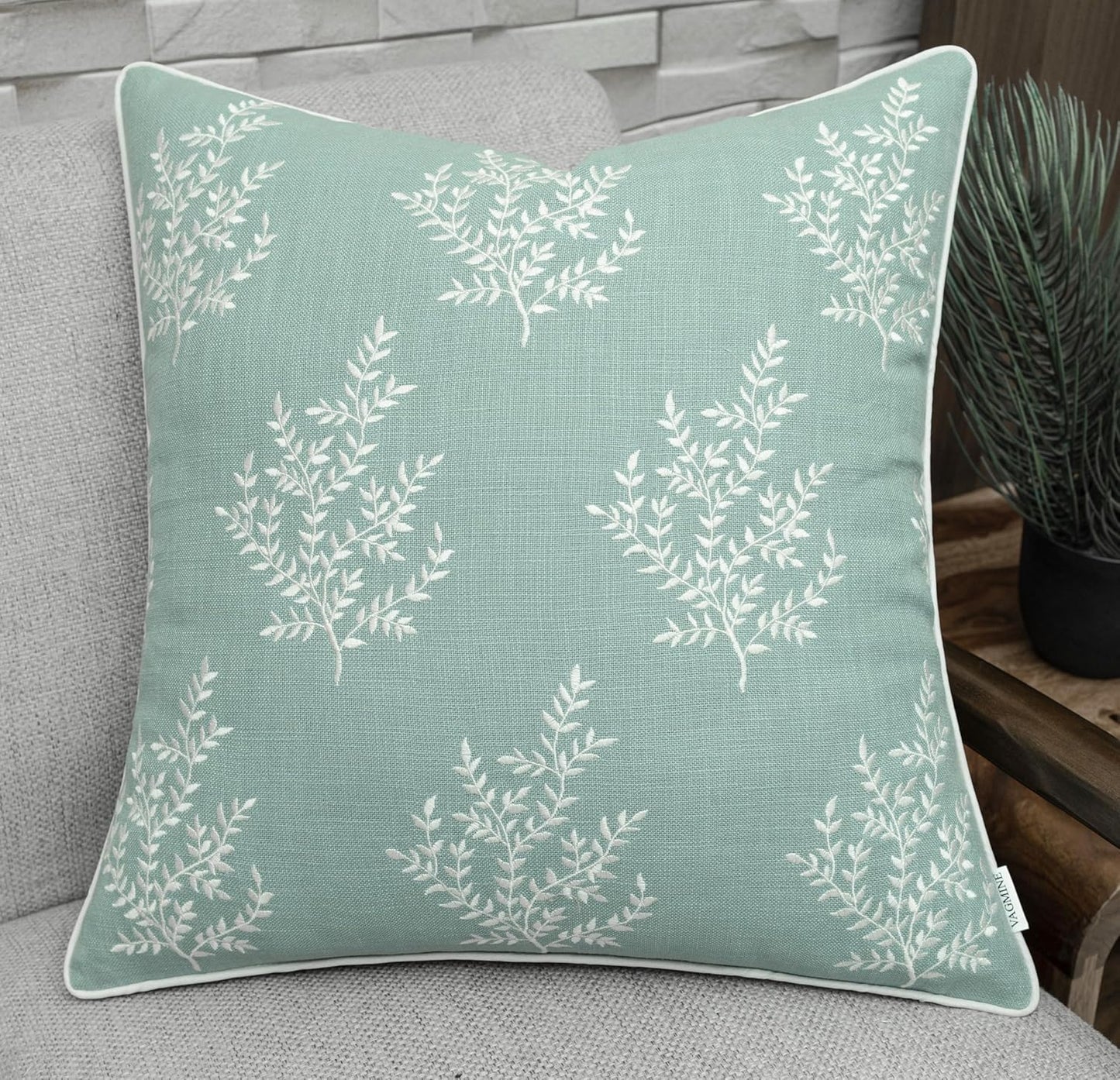 VAGMINE Embroidered Leaves Throw Pillow Cover - 20x20 Inches Square - 100% Cotton Light Teal Cushion Cover - Elegant Leaf Embroidery - Soft Boho Accent for Sofa, Lounge, Contemporary Décor