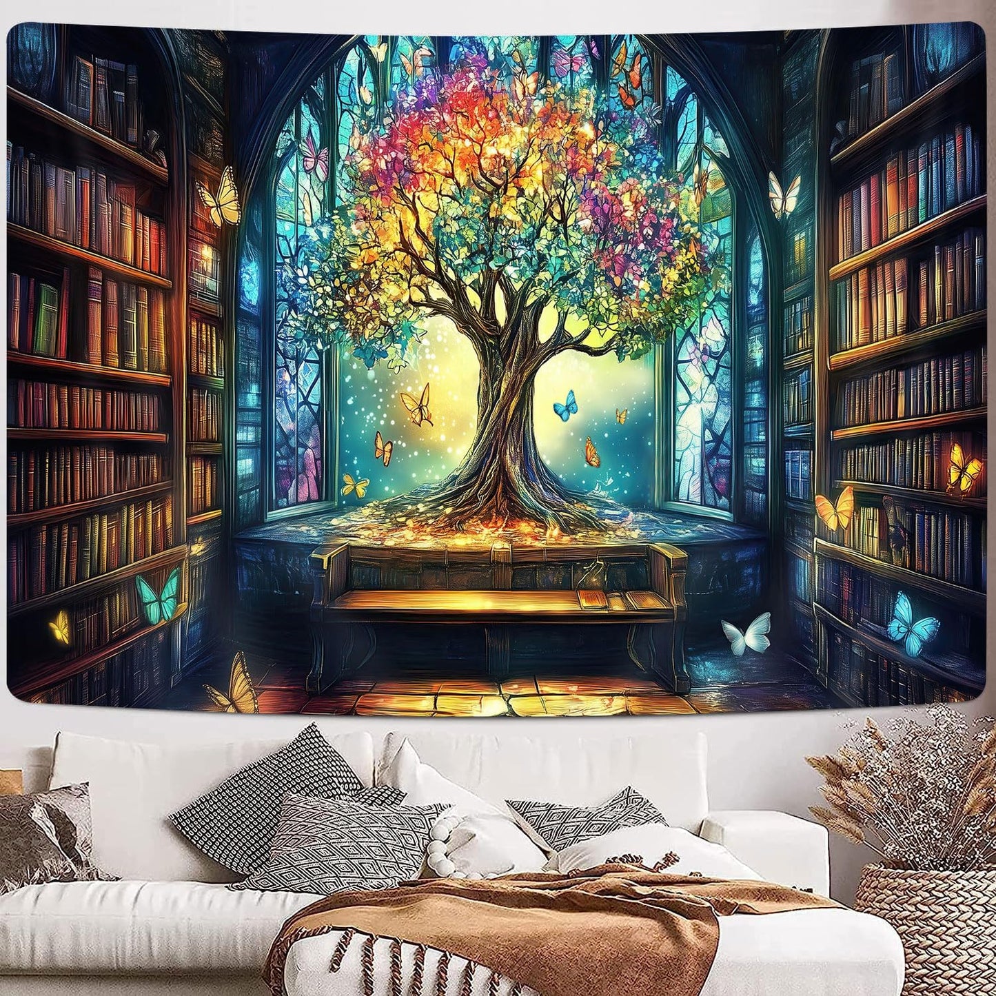 Mysterious Library Tapestry, Fantasy Enchanted Tree Magic Bookshelf Aesthetic Tapestries for Classroom, Witchy Fairy Tree Vintage Bookshelf Book Art Tapestry Wall Hanging College Room Bedroom, 80X60