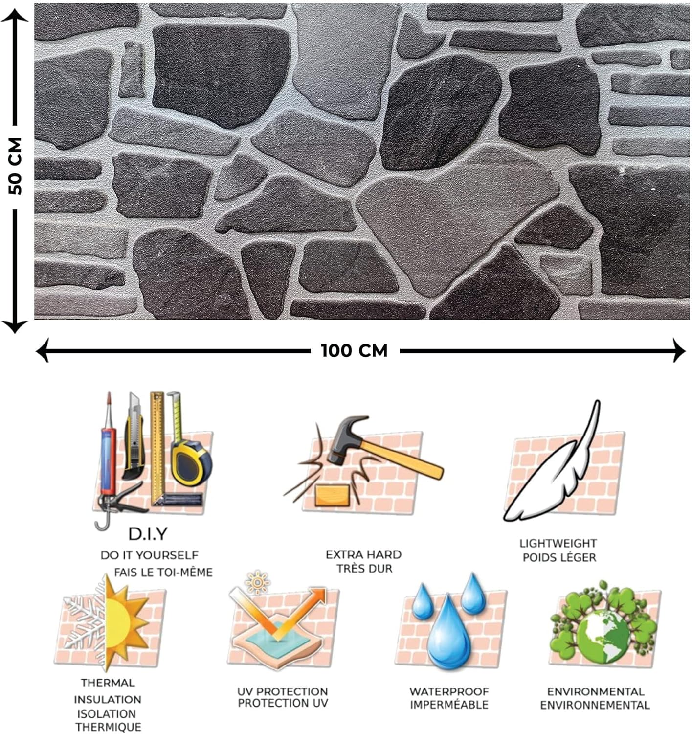 Dundee Deco 3D Wall Panels - Cladding, Charcoal Grey Silver Stone Look Wall Paneling, Styrofoam Facing for Interior and Exterior Applications, DIY, Set of 10, Covers 54 sq ft