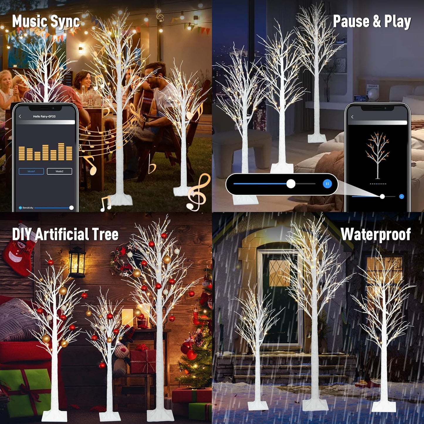 Smart Lighted Birch Trees 4FT 5FT 6FT, App Control, 18 Modes, Schedule, Dimmable, Warm White LED Lights, Waterproof Music Sync Star Light Tree Set for Indoor Outdoor Home Christmas Holiday Decorations