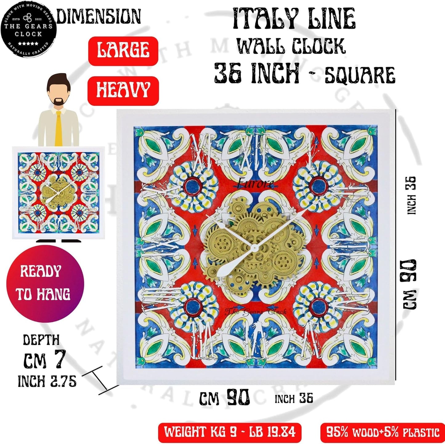 The Gears Clock Wall Clock Italy Collection with Moving Gears (Minori, 36 inch Square)