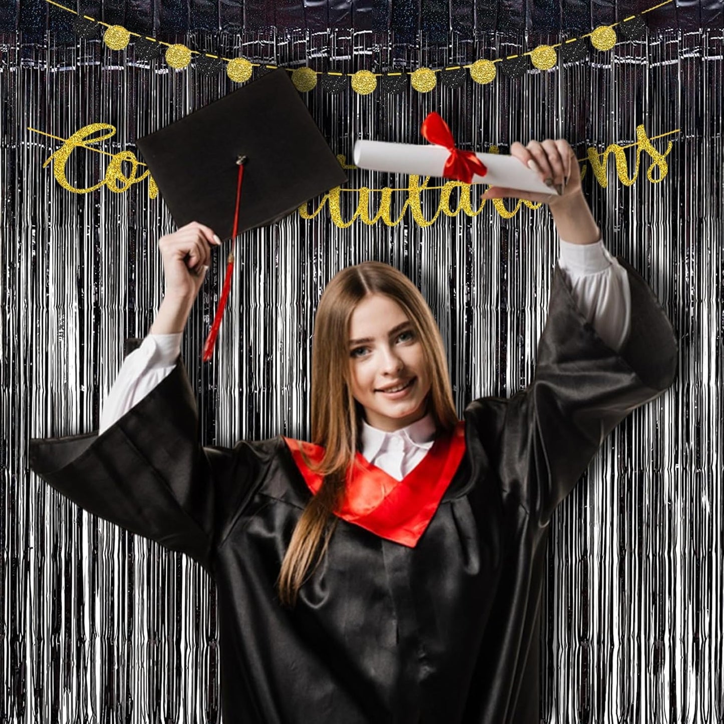 BRAVESHINE Black Halloweens Party Foil Fringe Curtains - 2 Pack Metallic Tinsel Photo Booth Streamers Backdrop for Birthdays, Stranger Theme, Music, Prom, Christmas Party Decorations