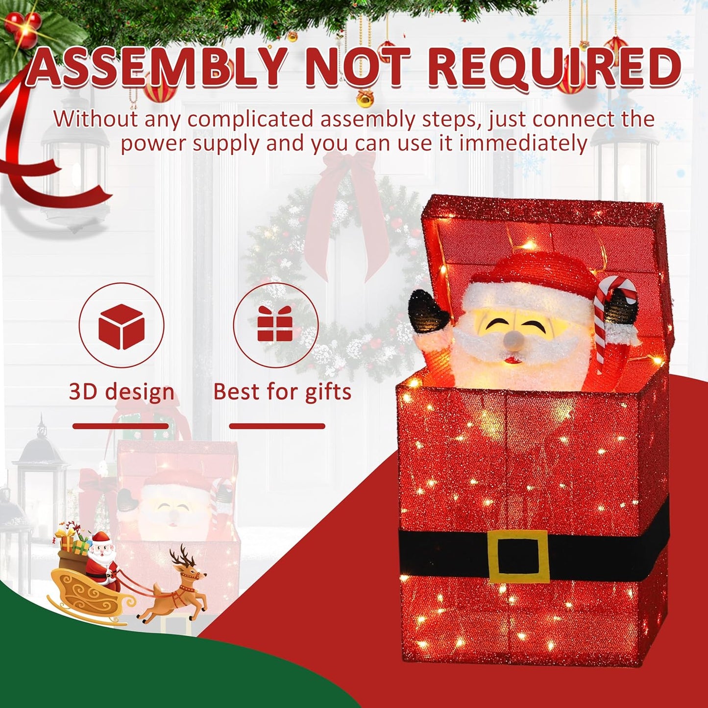 Light Up Electric Santa Claus Decor with 100 LED Lights, 3D Pre-Lit Animated Santa Claus for Xmas Decoration, 14.17" L x 10" W x 26.97" H Freestanding Glittered Display for Outdoor, Indoor