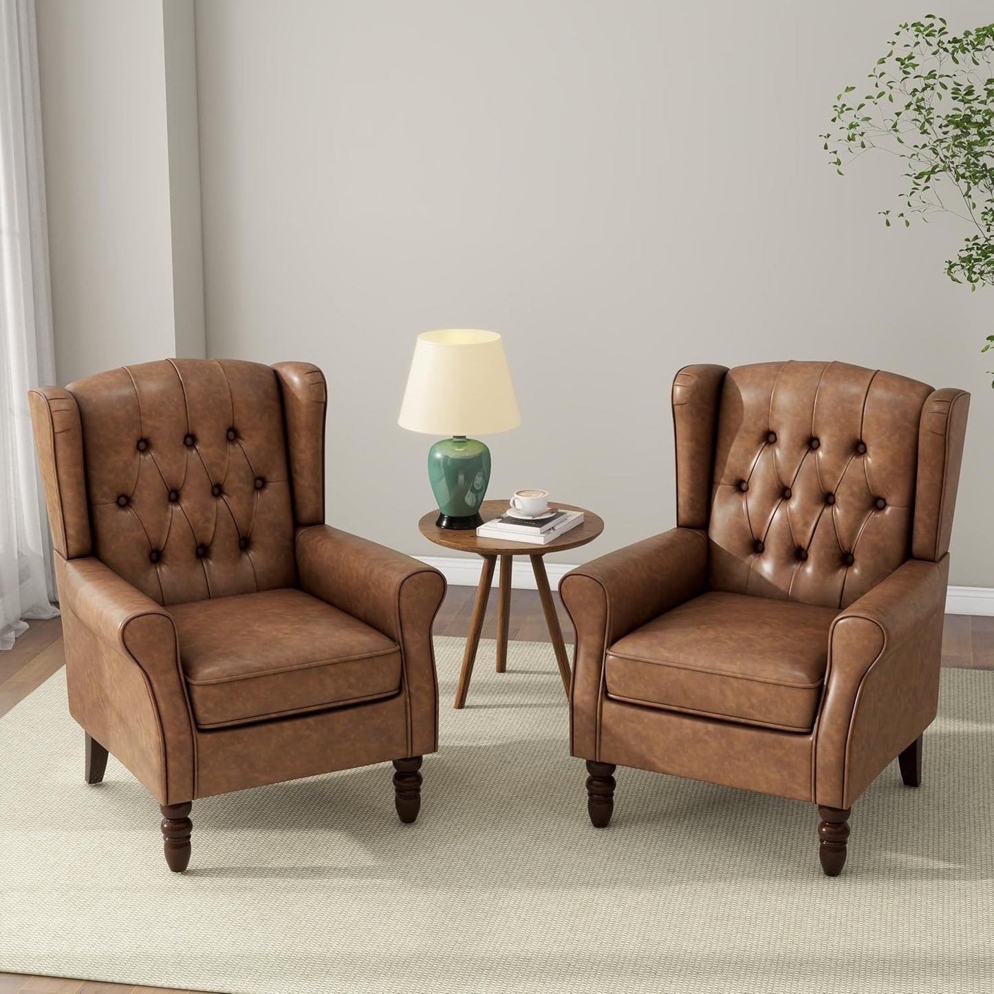 Accent Chair, Upholstered Armchair with Button Tufted High Back & Solid Wood Legs, Comfy Wingback Reading Single Sofa Chair for Small Spaces, Living Room, Bedroom (Leather Brown, Set of 2)