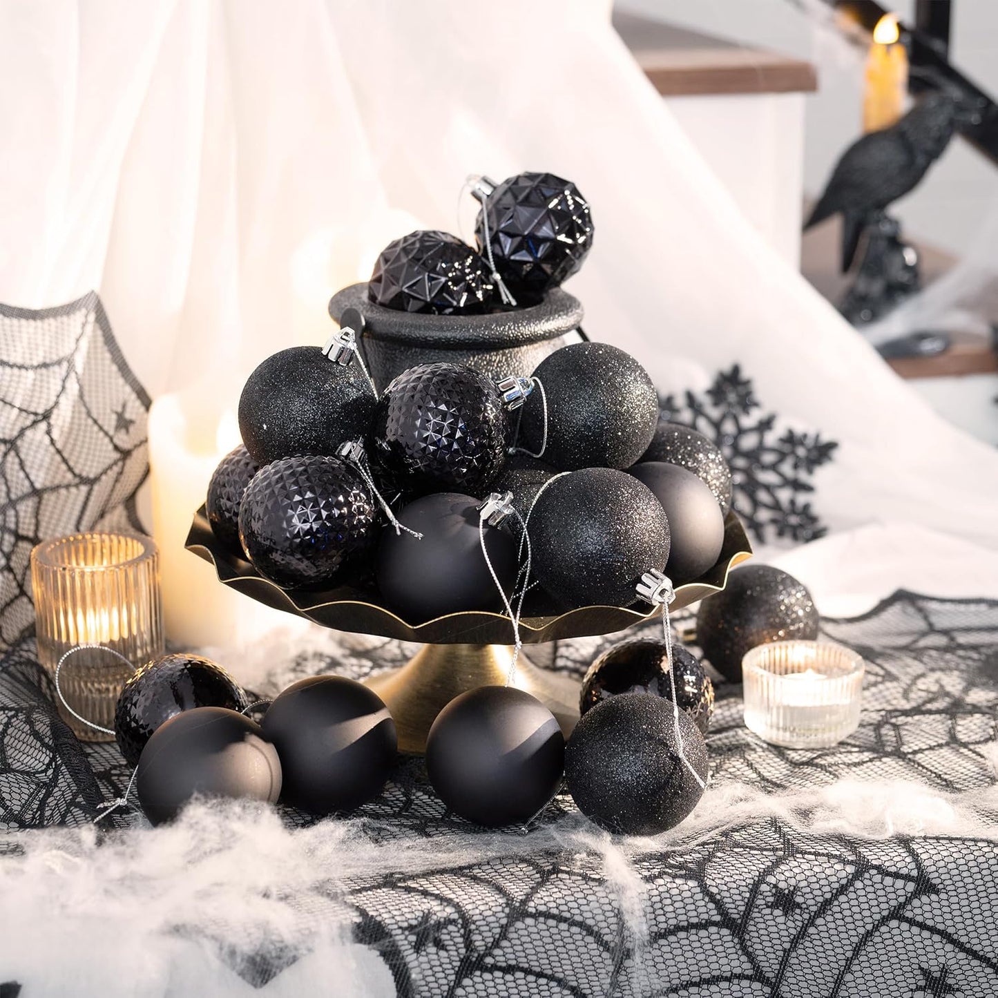 Valery Madelyn Christmas Tree Decorations Ornament Set for Fall Halloween, 50ct 2.36 Inches Black Shatterproof Christmas Ball Ornaments Hanging Xmas Holiday Party Decor