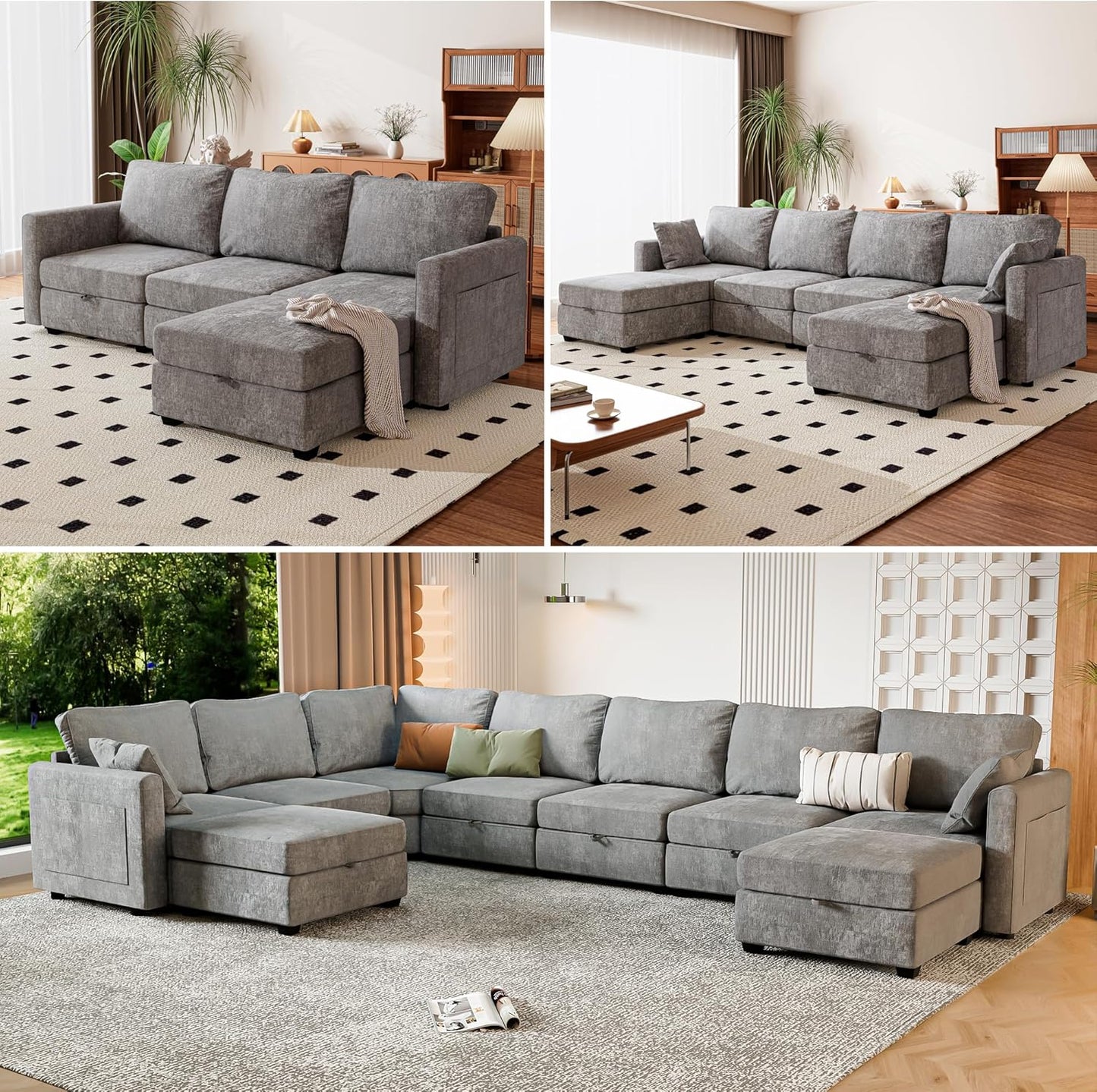mestyl Modular Sectional Sofa Convertible L Shaped Sofa Couch Set with Storage for Living Room, Modern 3 Seater Modular Sectional Couch with Movable Ottoman (Grey)