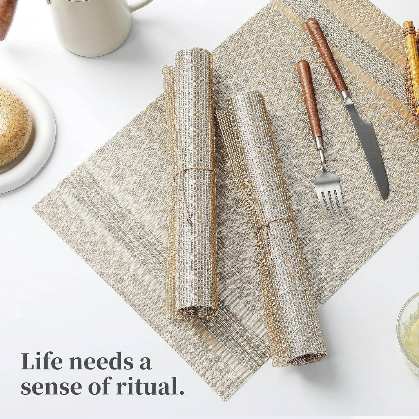 Leetaltree Stardust Yellow Placemats Set of 6 - Heat Resistant Non-Slip Place mats for Dining Table, Washable Durable PVC Vinyl Woven Table Mats(Stardust Yellow, 6)