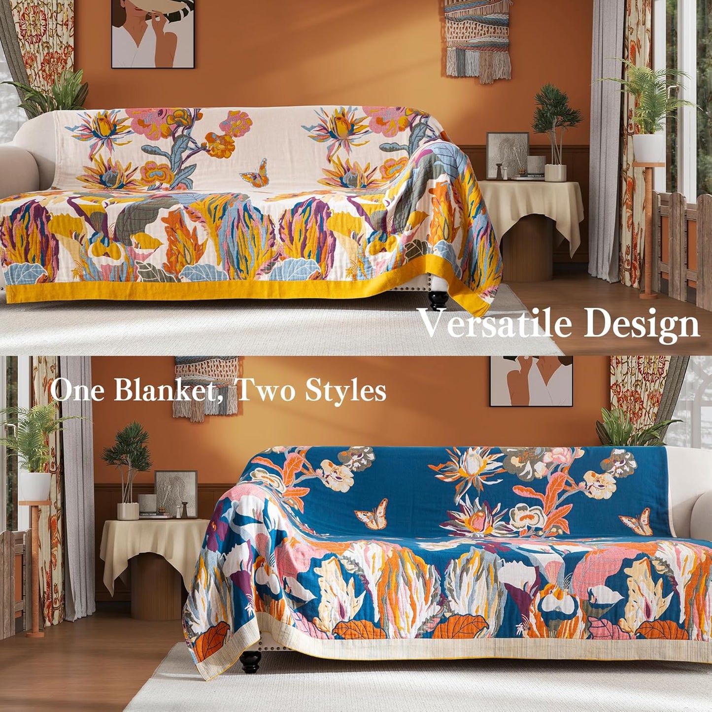 Boho Throw Blanket Queen Size, Oversized Soft Cozy Cotton Muslin Quilt Blanket for Bed Decor, Floral Patterned Couch Sofa Chair Cover, Vintage Farmhouse Cottage Woven Blanket, Yellow&Blue