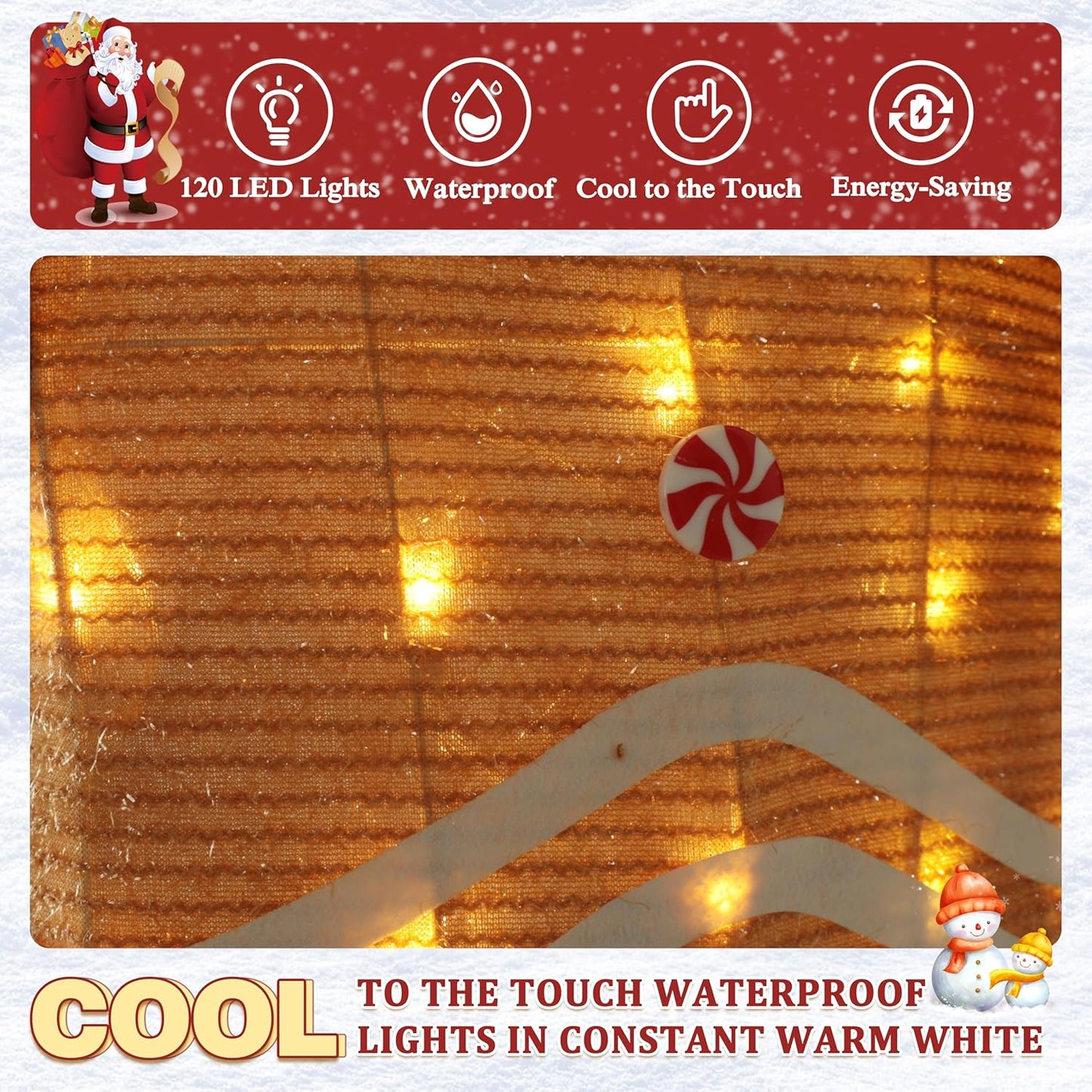 5FT Gingerbread Man with Candy Cane and Gift Box Decoration, 2.5D Pre-Lit Gingerbread Man Decor with 120 LED Lights for Christmas, Freestanding Glittered Holiday Display for Outdoor, Indoor