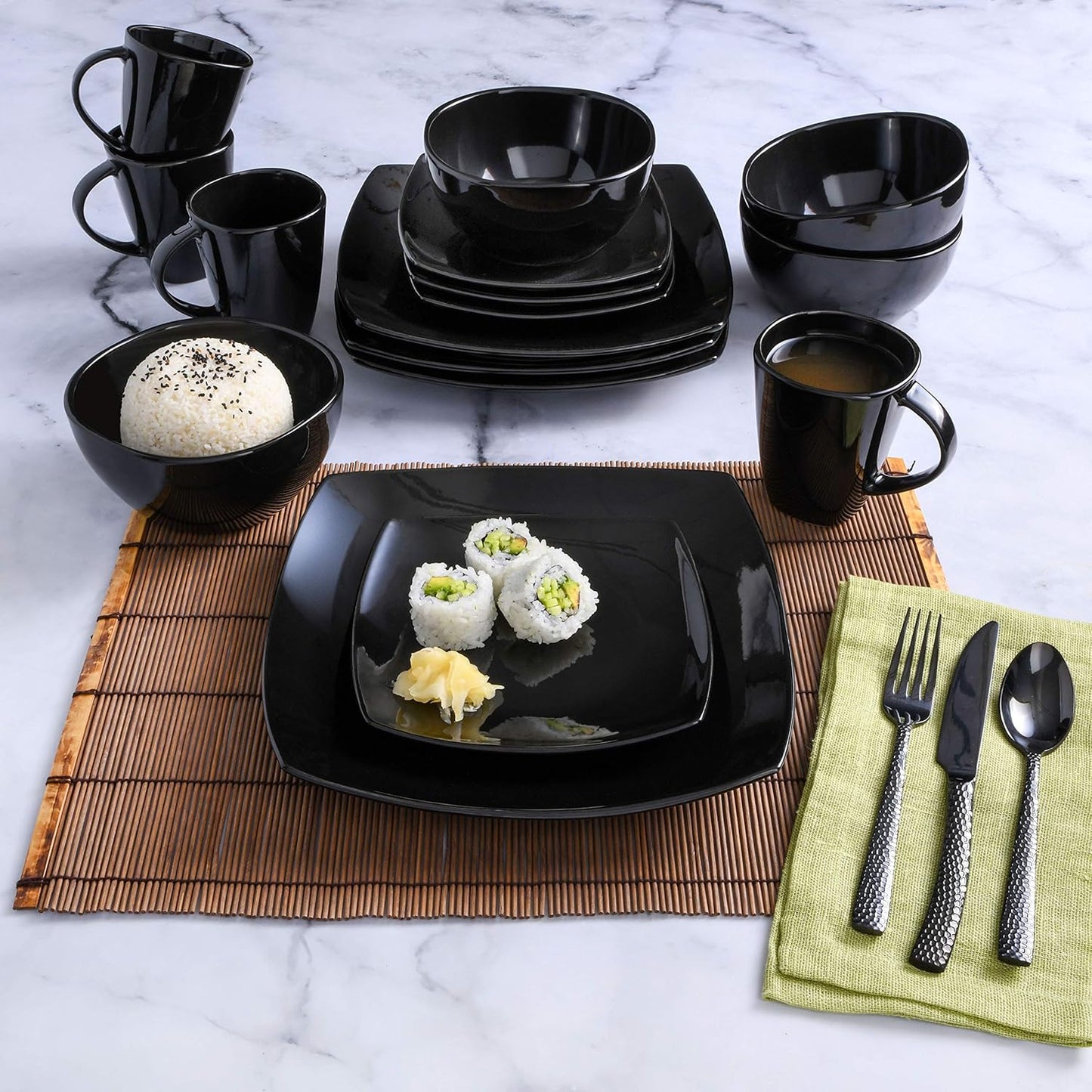 Gibson Elite Soho Lounge Square Reactive Glaze Stoneware Dinnerware Set, Service for 4 (16pc), Black