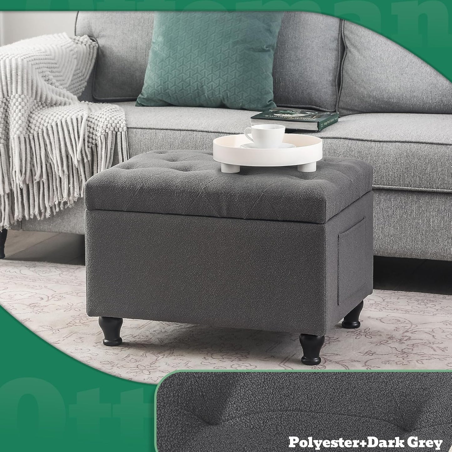 Ottoman with Storage 24'' Storage Ottomans Fabric Ottoman Footstools Small Upholstered Foot Rest Stool for Couch, Living Room, Bedroom, Entrance Shoe Bench Grey