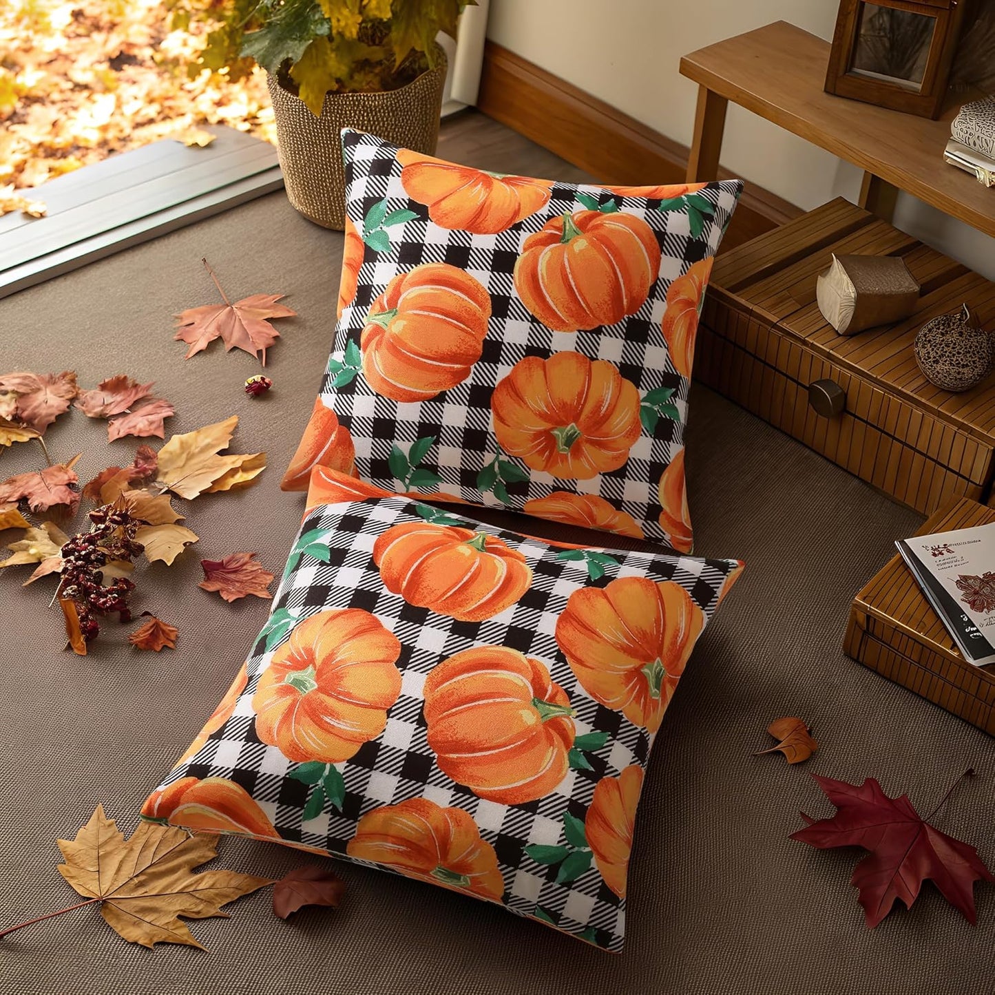 decorUhome Fall Orange Pumpkin Decorative Throw Pillow Covers 18x18 Set of 2, Buffalo Plaid Check Farmhouse Cushion Covers for Autumn Harvest Couch Sofa Bed Home Decor