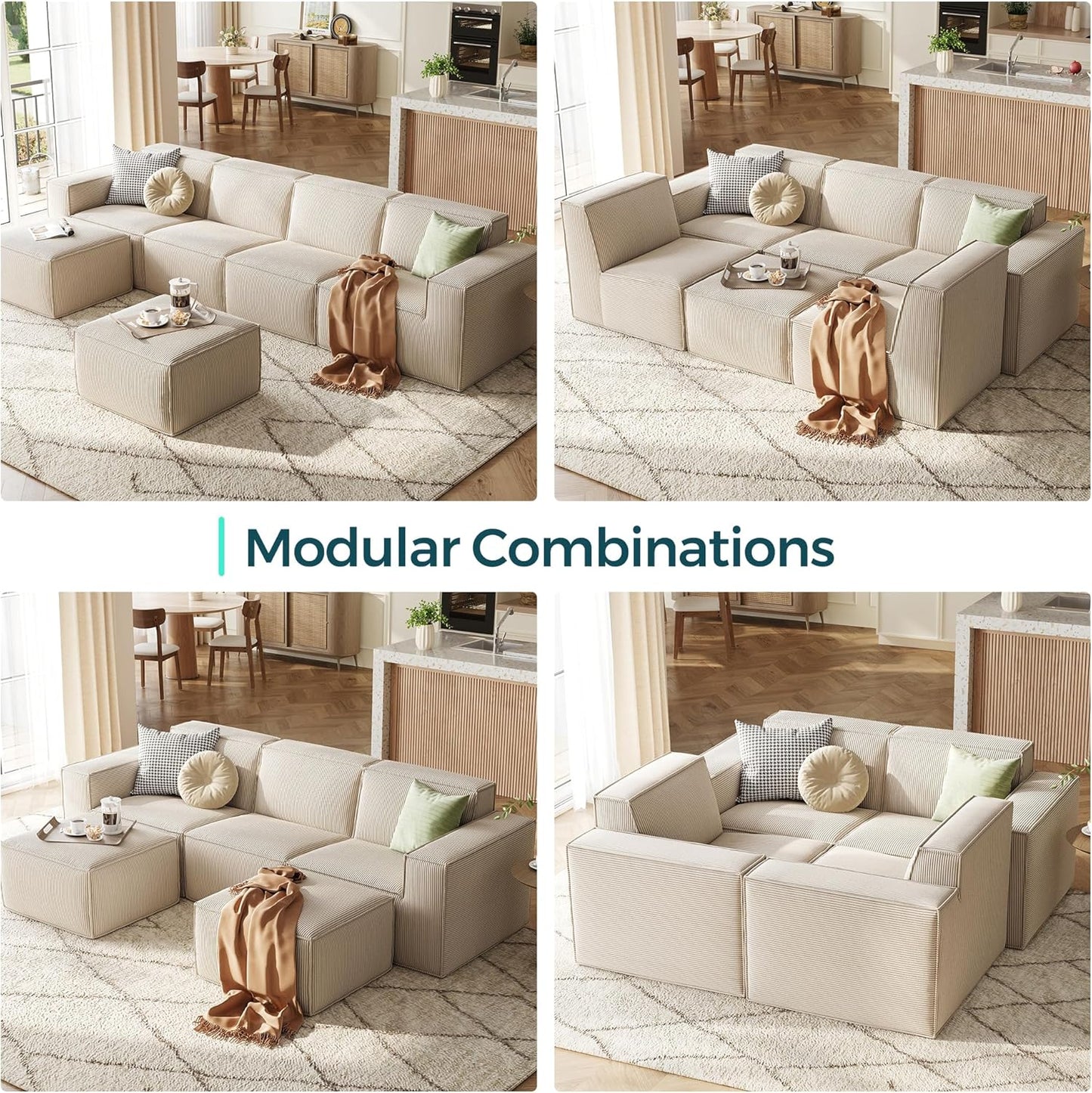 LINSY HOME Modular Sectional Sofa, 134" Boneless Couch U Shaped 4-Seat Sofa with 2 Movable Ottomans, Corduroy Sectional Cloud Couches for Living Room, No Assembly Required, Beige