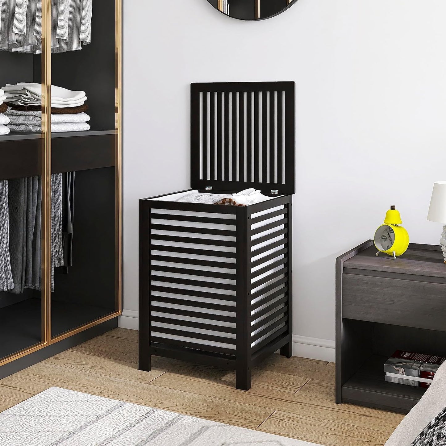 SMIBUY Double Laundry Hamper with Lid, 120L Bamboo Laundry Basket with Removable Liner Bag, 2-Section Clothes Divider Laundry Sorter for Laundry Room, Bathroom, Bedroom (Black)