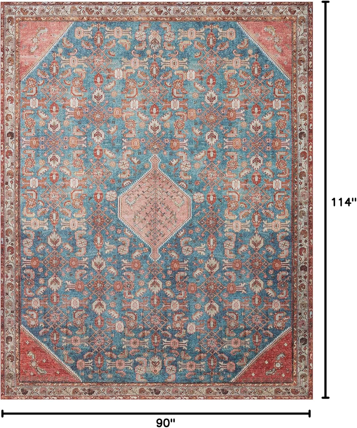 Loloi Layla Collection LAY-10 Marine/Clay 7'-6" x 9'-6" .13" Thick Area Rug, Soft, Durable, Vintage Inspired, Distressed, Low Pile, Non-Shedding, Easy Clean, Printed, Living Room Rug