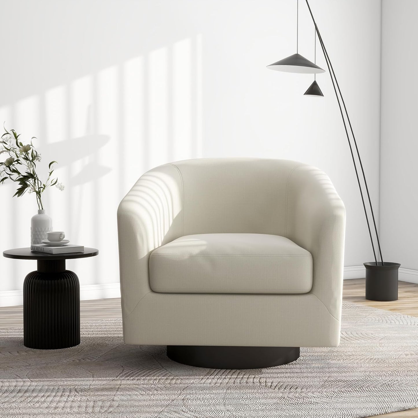 Swivel Barrel Accent Chair, Modern Round Linen Arm Chair for Living Room, Bedroom, Comfy Club Reading Chairs for Adults(Linen Fabric, Beige, Set of 4