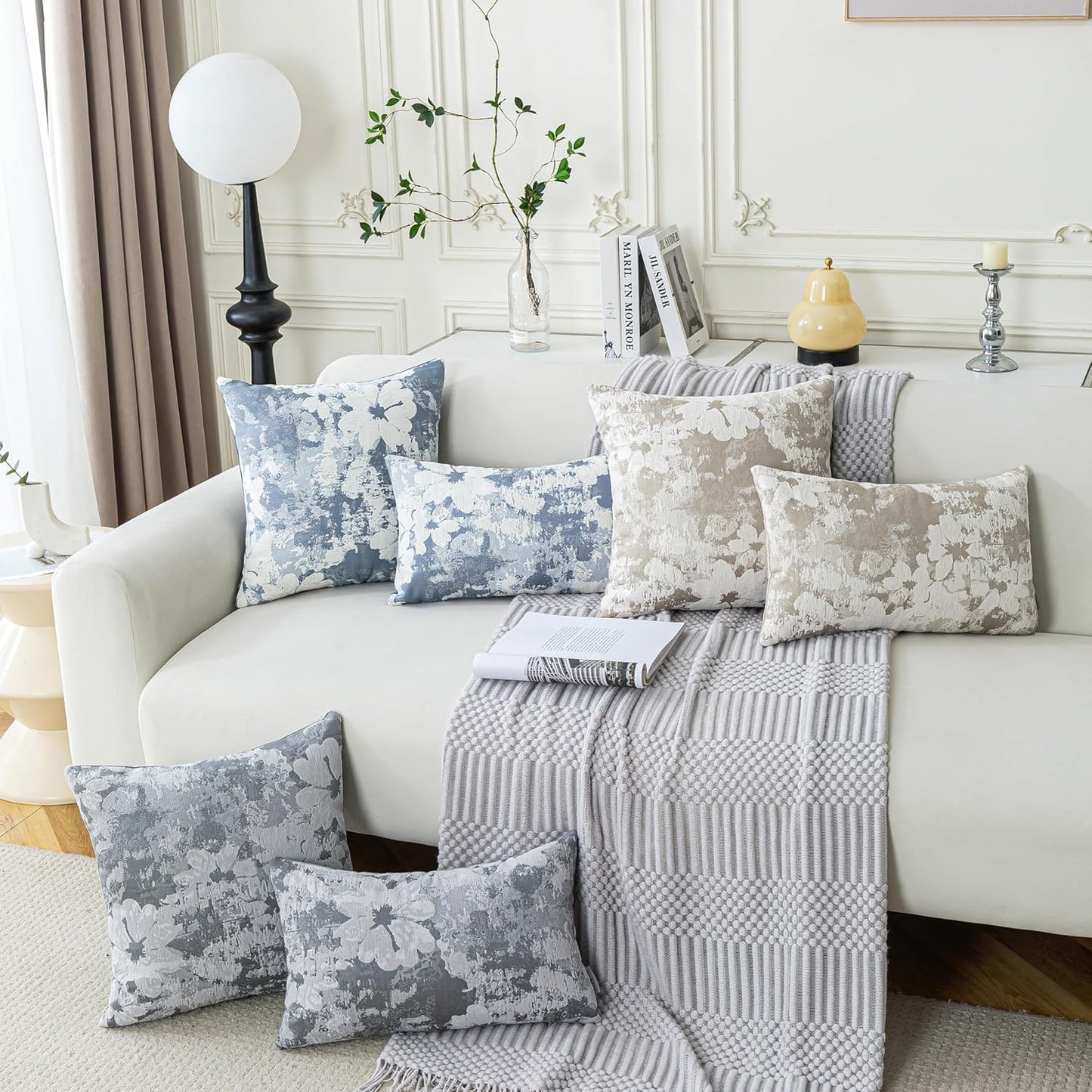 Jacquard Throw Pillow Covers 18x18 Inch Set of 2 - Vintage Floral Boho Pillow Cases with Botanical Pattern | Farmhouse Decor for Couch Living Room | Soft Textured Neutral Trio Slate Gray 18" x 18"