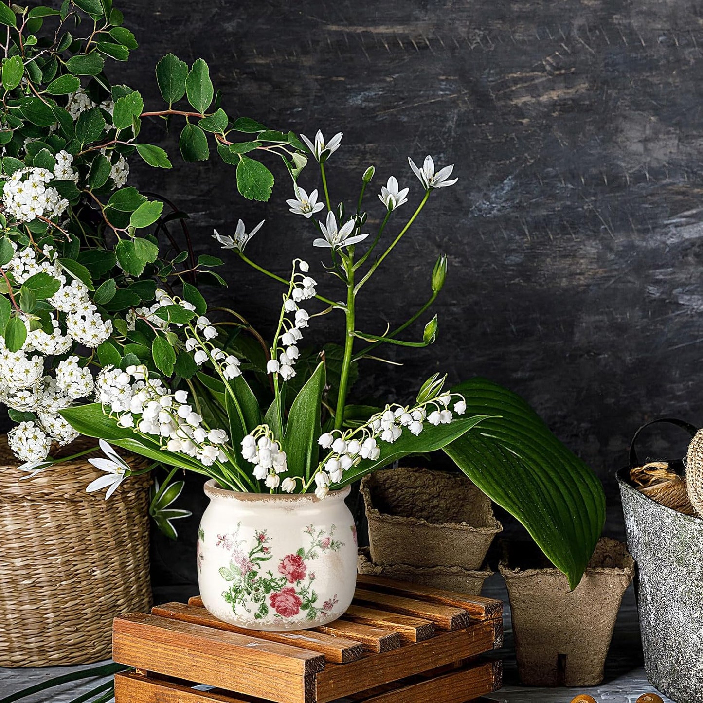 Vintage Planter Large Ceramic Plants Pot Beige Pink French Rose Ice Crack Cottage Scroll Vase Flower Vase Pot Indoor Plants Home Kitchen Decor Farmhouse Antique Decorative Gifts