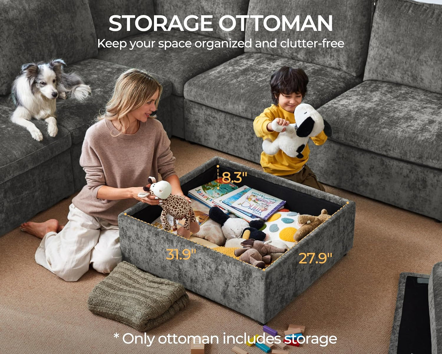 Oversized Modular Sofa Comfy Cloud Couch with Storage, Extra Deep Plush Sectional Sofa Set for Living Room, Covers Washable, Chenille, Olar (Grey, 6-Seater with 2 Ottomans, u-Shaped)