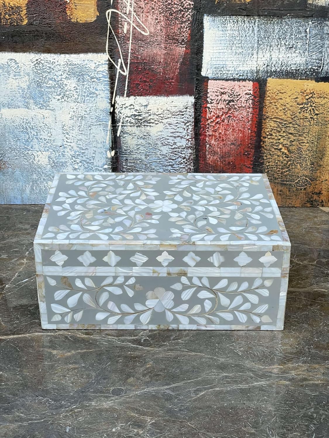 Decorative Wooden Storage Box with Mother of Pearl Inlay – Elegant Floral Design – Perfect for Home Décor in Living Room, Dining Area, or Bedroom (Grey, 12x8x5 inches)