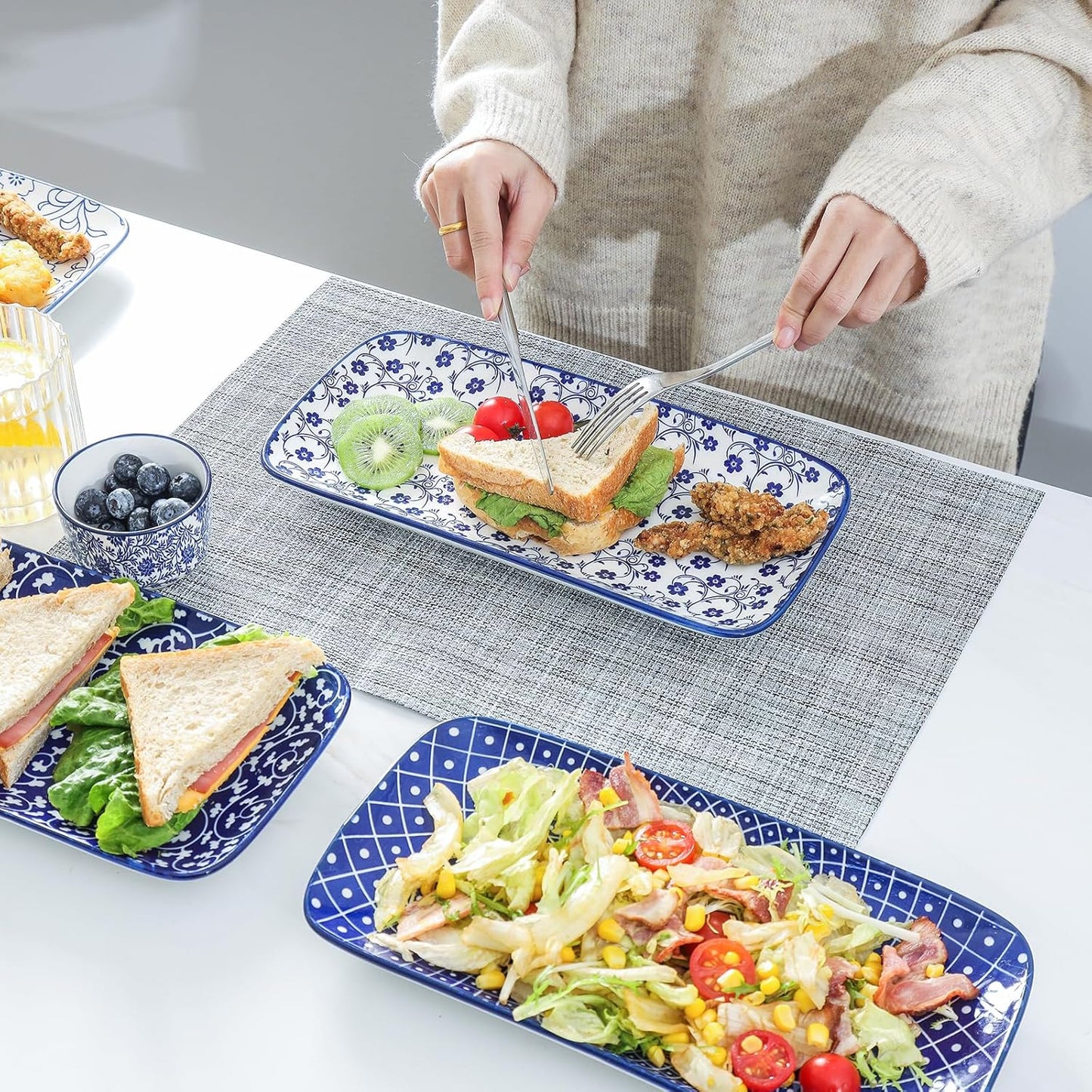 Selamica Ceramic Serving Platters, 14 Inch Serving Trays for Party Entertaining, Large Rectangular Serving Plates for Appetizer, Charcuterie, Dessert, Fruit, Set of 4, Vintage Blue