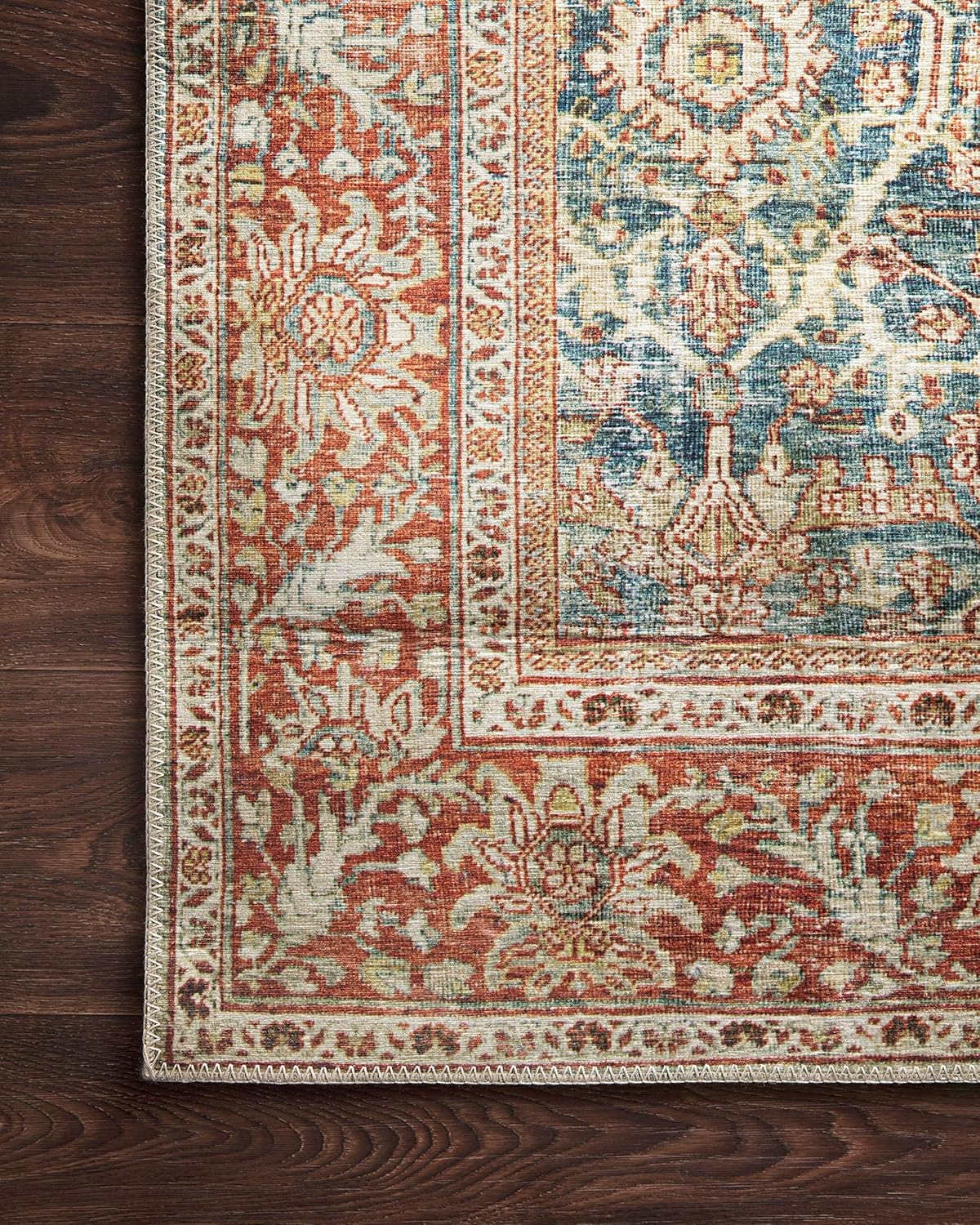 Loloi Layla Collection LAY-04 Ocean/Rust 2'-6" x 9'-6" .13" Thick Runner Rug, Soft, Durable, Vintage Inspired, Distressed, Low Pile, Non-Shedding, Easy Clean, Printed, Living Room Rug