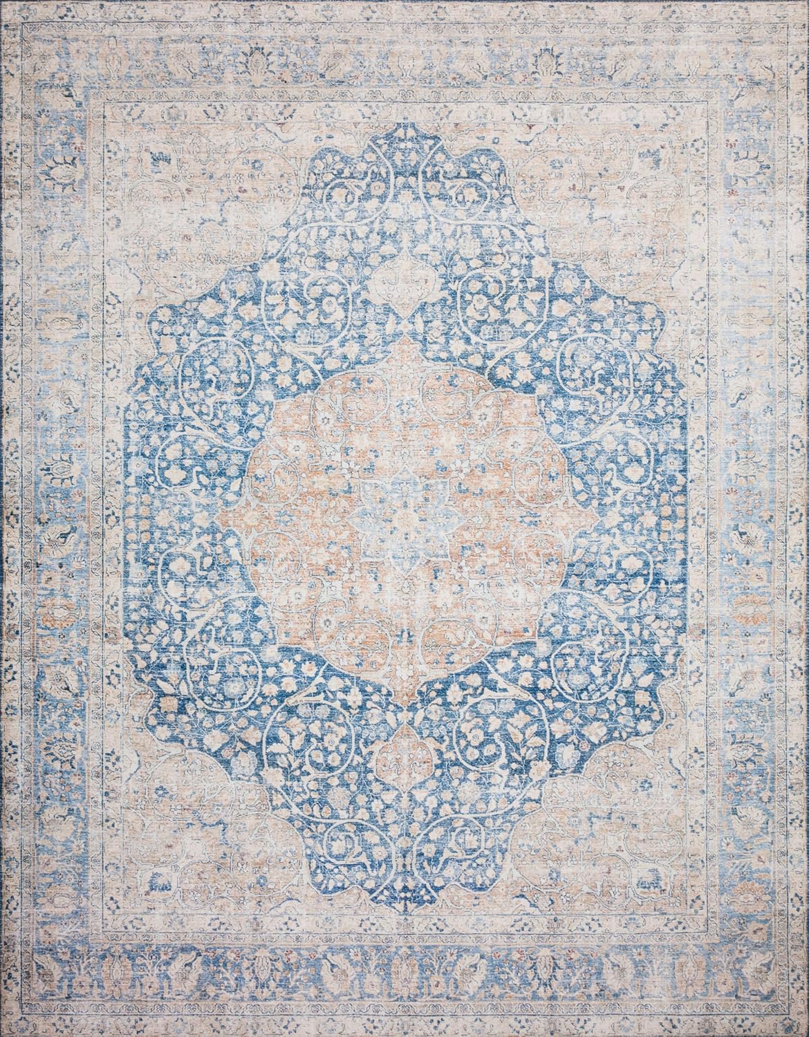 Loloi Layla Collection LAY-07 Blue/Tangerine 2'-3" x 3'-9" .13" Thick Accent Rug, Soft, Durable, Vintage Inspired, Distressed, Low Pile, Non-Shedding, Easy Clean, Printed, Living Room Rug