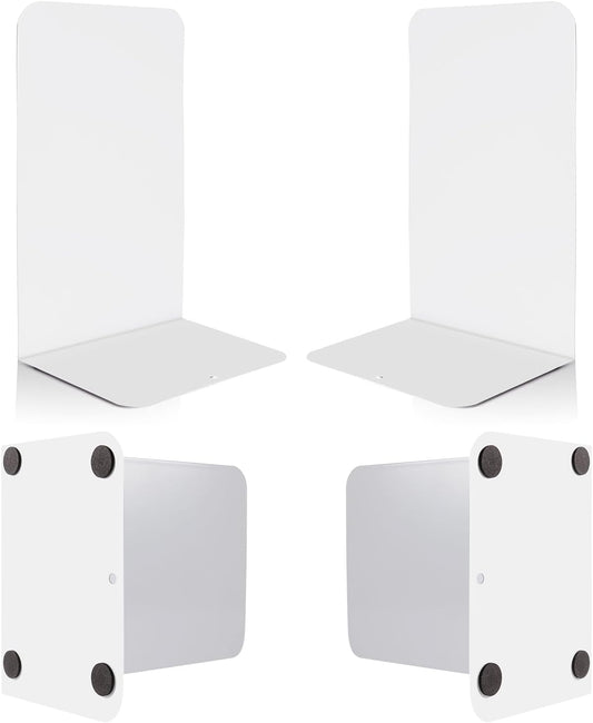 VONDERSO Metal Bookends White, 2 Pairs Metal Bookends Heavy Duty for Shelves Decor Home Office, Unique White Book Ends Supports Anti-Slip for Kids Girls