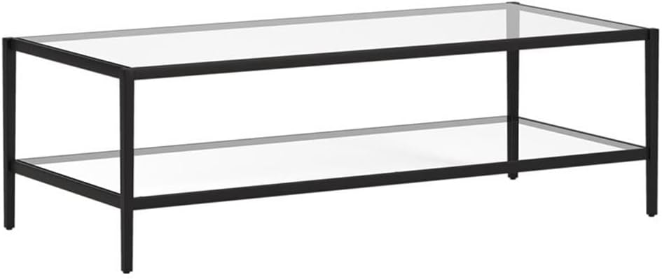 Henn&Hart 54" Wide Rectangular Coffee Table with Glass Shelf in Blackened Bronze, Modern coffee tables for living room, studio apartment essentials