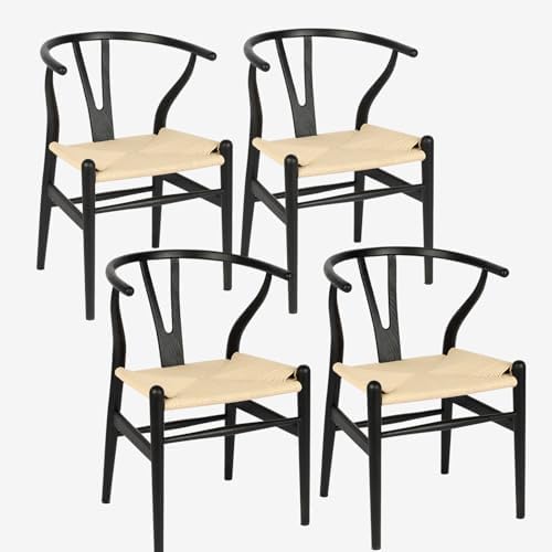 Wishbone Chair Natural Solid Wood Dining Chair/Hans Wegner Y Chair Rattan and Wood Accent Armrest Chairs - Ash Wood Chairs Set of 4 (Ash Wood - Black + Natural Color)