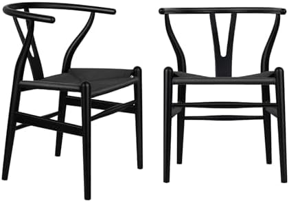 Wishbone Chair Natural Solid Wood Dining Chair/Hans Vegner Y Chair Rattan and Wood Accent Armrest Chairs Set of 2 (Ash Wood - Black)