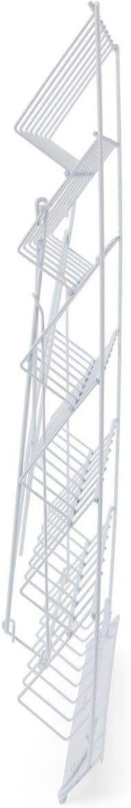 Displays2go Wire Magazine Rack with 6 Open Tiers, Holds Both Magazines and Brochures, Includes Sign Channel at the Front - White Wire