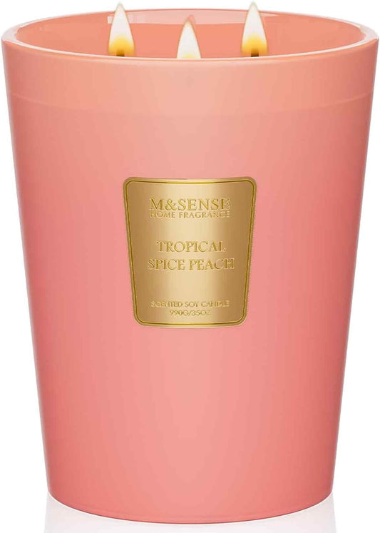 M&SENSE Tropical Spice Peach Scented 35oz 150H Burn Time, 3-Wick Natural Aromatherapy Candle Highly Scented Long Lasting, Home Fragrance Housewarming Gifts New Home Gift Ideas