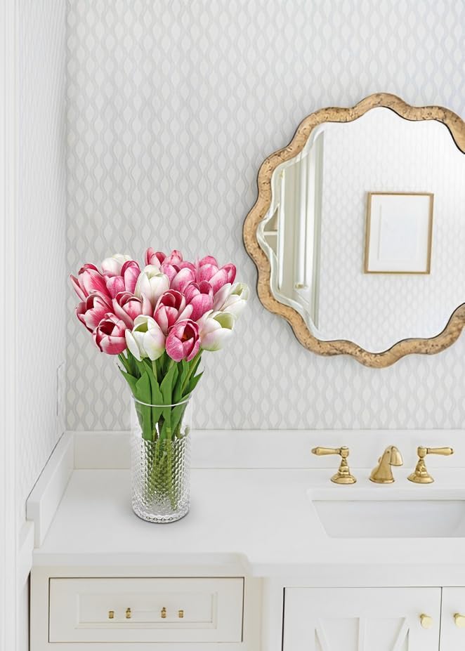 Artificial Tulips Flowers – 24" Long Stem Faux Tulips, 7PCS Real Touch Fake Pink Tulip for Vase, Farmhouse, Kitchen, Spring & Wedding Home Decor