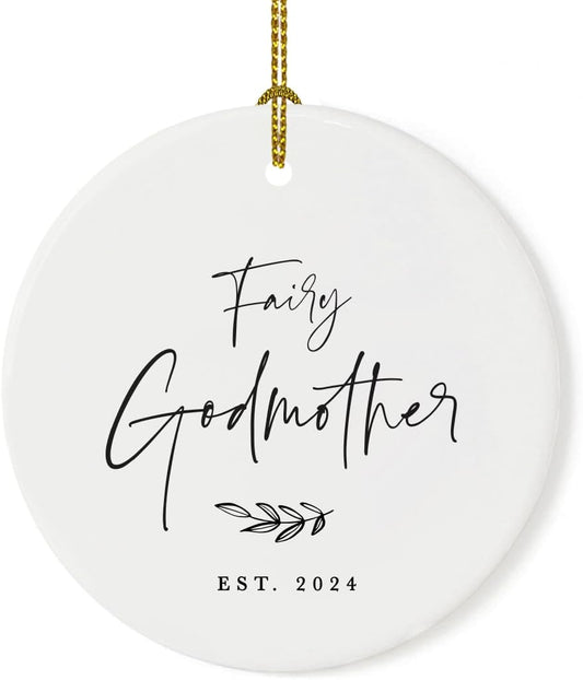 Andaz Press Custom Year Round Ceramic Porcelain Christmas Tree Ornament Keepsake Collectible Godmother Gift, Fairy Godmother Est. 2024, Antique Handdrawn, 1-Pack