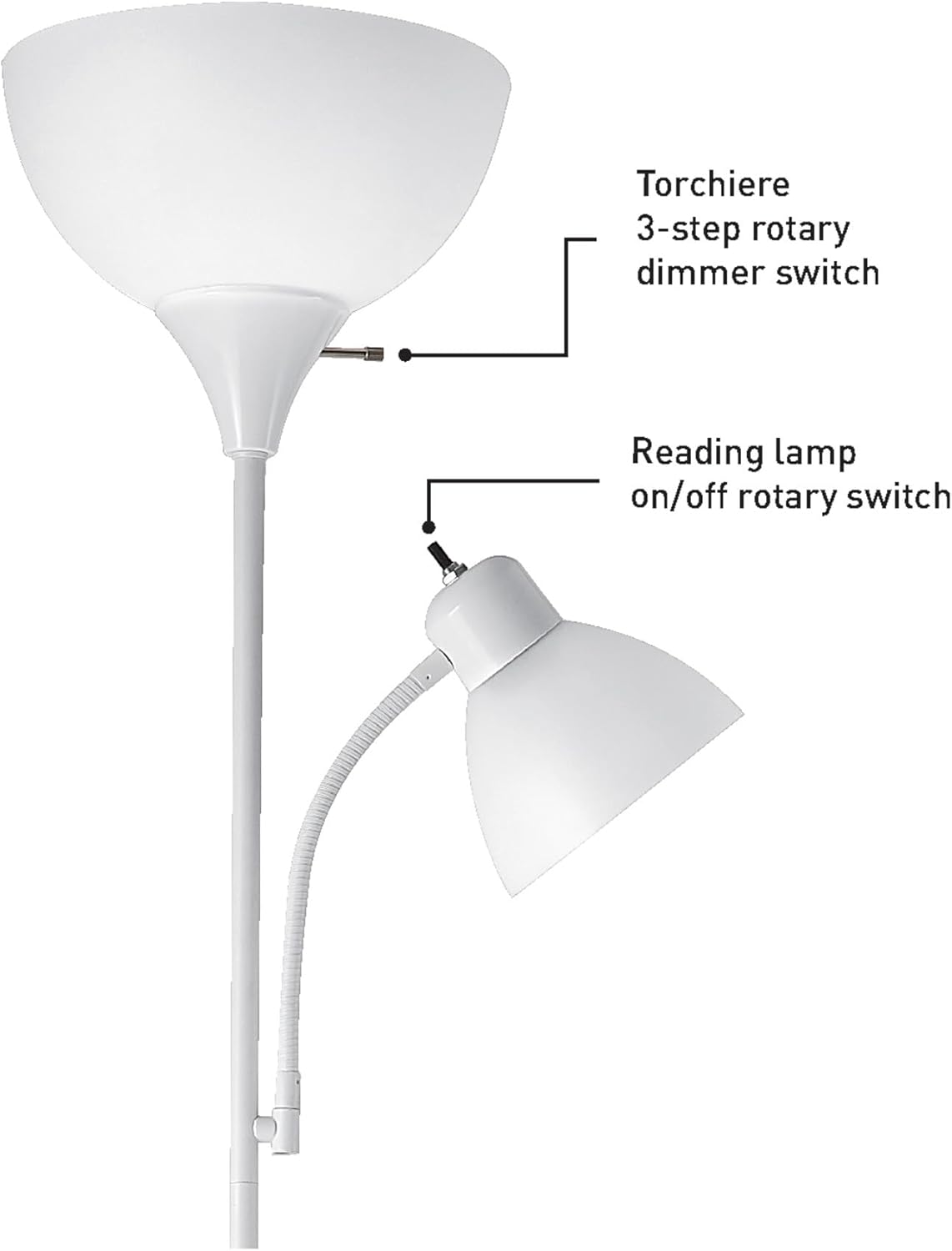GLOBE Electric 67136 72" Torchiere Floor Lamp with Adjustable Reading Light, Matte White Finish, Frosted Shades, Rotary Switch on Socket, E26 Base